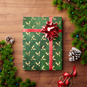 Elegant green gold foil cute mistletoe pattern wrapping paper