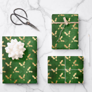 Elegant green gold foil mistletoe pattern festive wrapping paper sheets