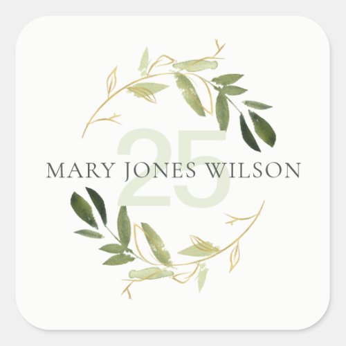 ELEGANT GREEN GOLD FOLIAGE WREATH ANY AGE BIRTHDAY SQUARE STICKER