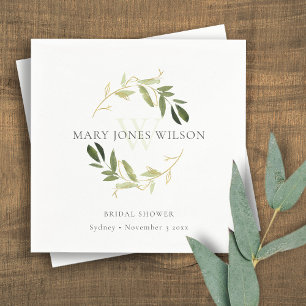 ELEGANT GREEN GOLD FOLIAGE WREATH BRIDAL SHOWER NAPKINS