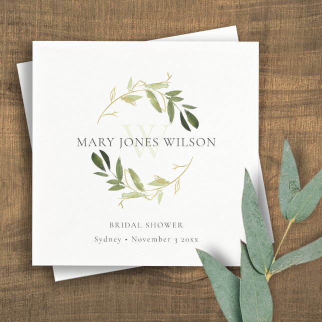 ELEGANT GREEN GOLD FOLIAGE WREATH BRIDAL SHOWER NAPKINS (Creator Uploaded)