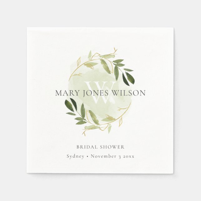 ELEGANT GREEN GOLD FOLIAGE WREATH BRIDAL SHOWER NAPKINS (Front)