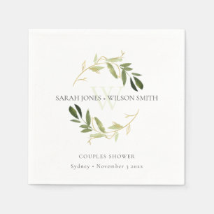 ELEGANT GREEN GOLD FOLIAGE WREATH COUPLES SHOWER NAPKINS