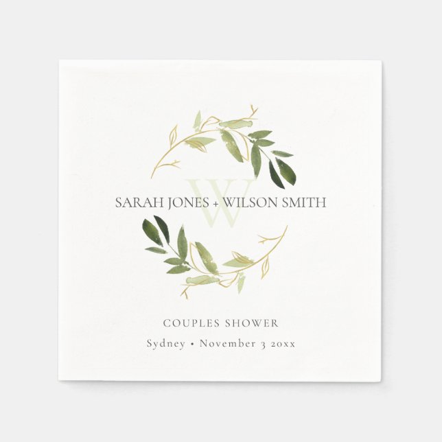 ELEGANT GREEN GOLD FOLIAGE WREATH COUPLES SHOWER NAPKINS (Front)
