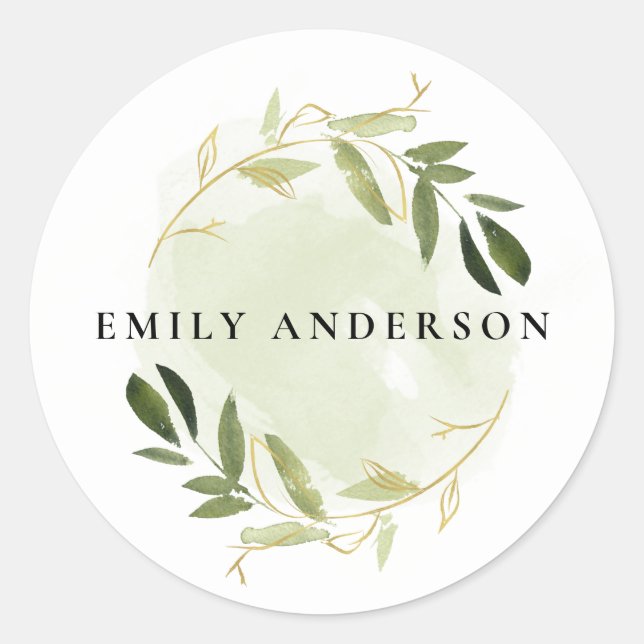ELEGANT GREEN GOLD FOLIAGE WREATH PROFESSIONAL CLASSIC ROUND STICKER (Front)