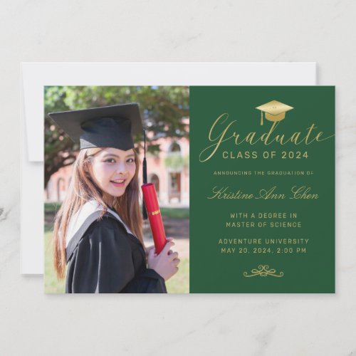 Elegant Green Gold Formal Script Photo Graduation Announcement