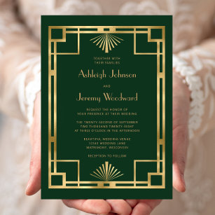 Elegant Green Gold Geo Vintage 1920s Deco Wedding Invitation
