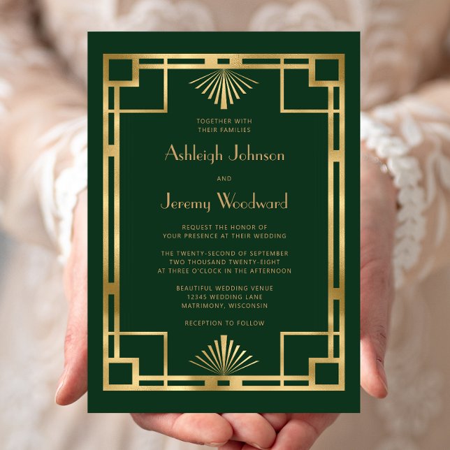 Elegant Green Gold Geo Vintage 1920s Deco Wedding Invitation (Creator Uploaded)