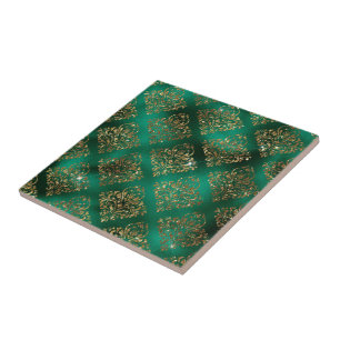 Elegant Green Gold Geometric Pattern Christmas Ceramic Tile