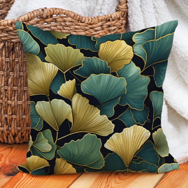 Elegant Green Gold Ginko Leaves Black Throw Pillow (Elegant green and gold ginko on black decorator pillow)