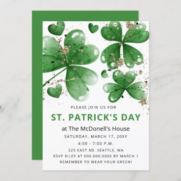 Elegant Green Gold Gitter Shamrock St Patricks Day Invitation