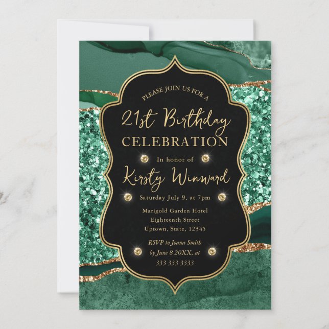 Elegant Green & Gold Glitter Agate 21st Birthday Invitation (Front)