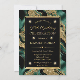 Elegant Green & Gold Glitter Agate 60th Birthday Invitation