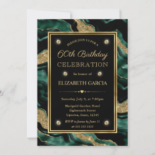 Elegant Green & Gold Glitter Agate 60th Birthday Invitation