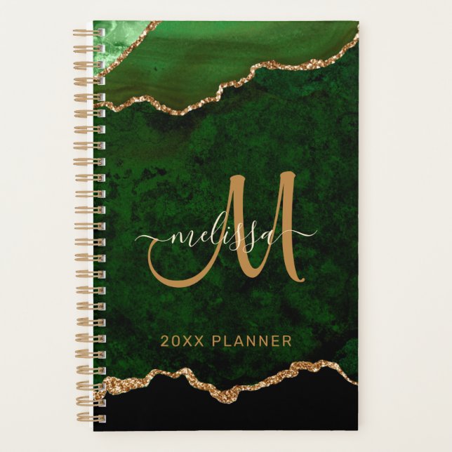 Elegant Green Gold Glitter Agate Monogram 2024 Planner (Front)