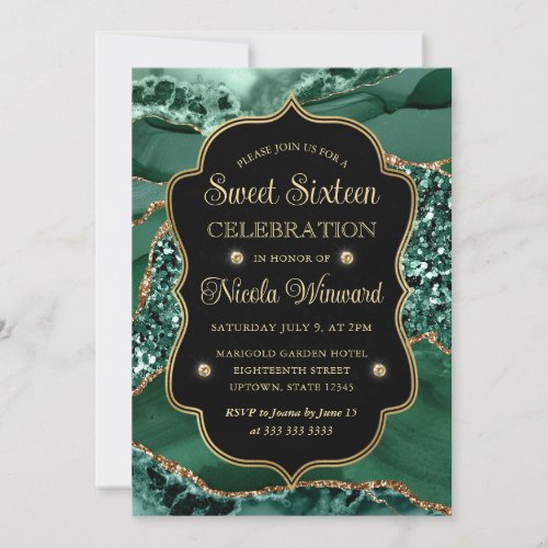 Elegant Green  Gold Glitter Agate Sweet Sixteen Invitation