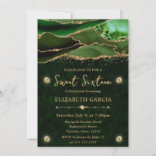 Elegant Green Gold Glitter Agate Sweet Sixteen Invitation