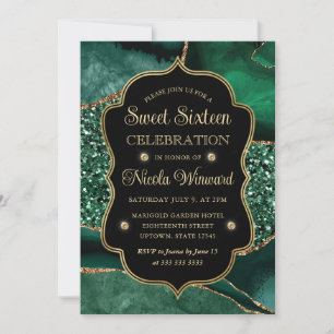 Elegant Green & Gold Glitter Agate Sweet Sixteen Invitation