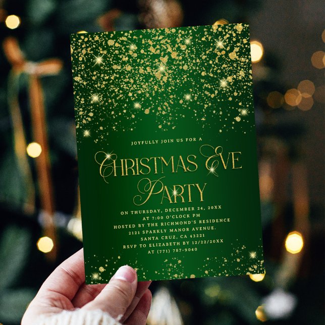 Elegant Green  Gold Glitter Christmas Eve Party Invitation (Creator Uploaded)
