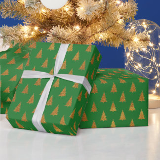 Elegant green gold glitter Christmas trees pattern Wrapping Paper