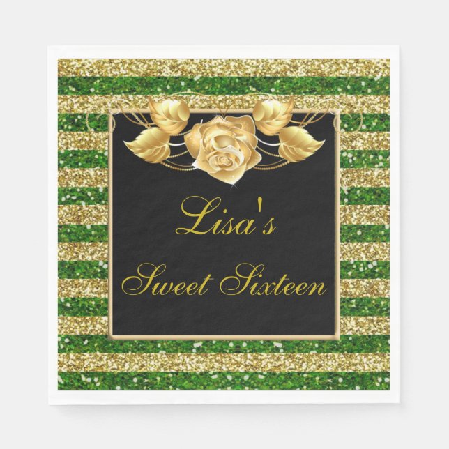 Elegant Green Gold Glitter Gold Rose Sweet 16 Napkins (Front)