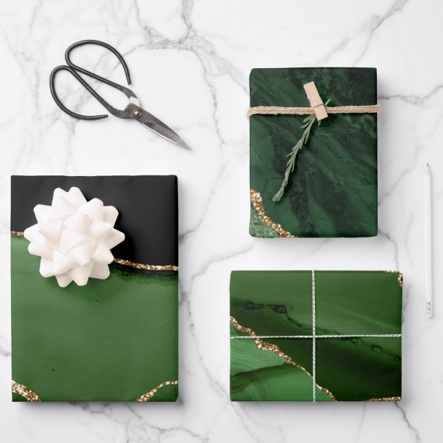 Elegant Green Gold Glitter Marble Agate  Wrapping Paper Sheets (Front)