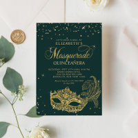 Elegant Green Gold Glitter Masquerade Quinceañera