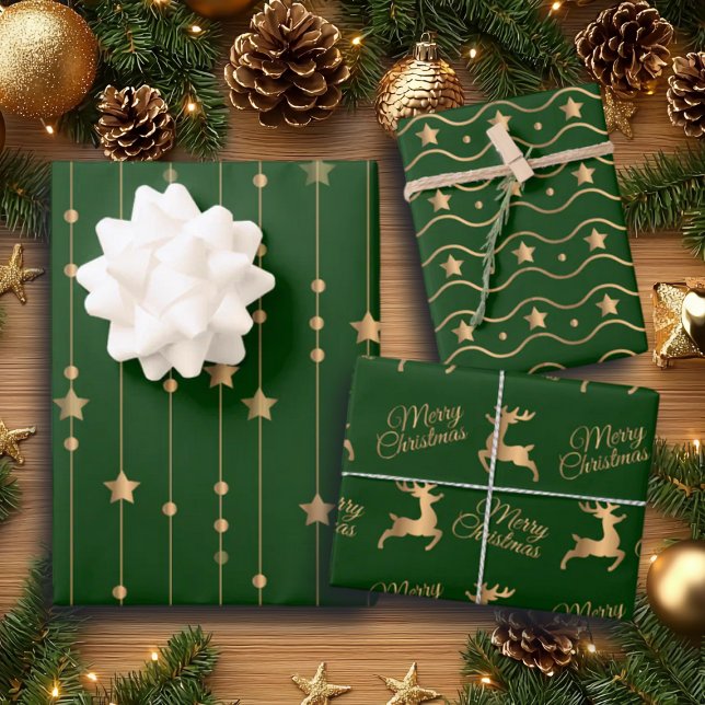 Elegant Green Gold Glitter Stars and Reindeers Wrapping Paper Sheets (Creator Uploaded)