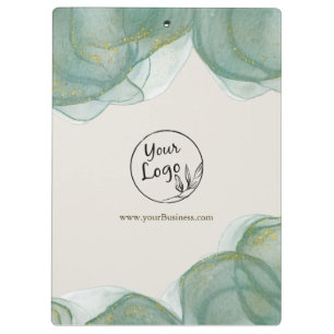 Elegant Green Gold Glitter Watercolor + Logo Clip Clipboard
