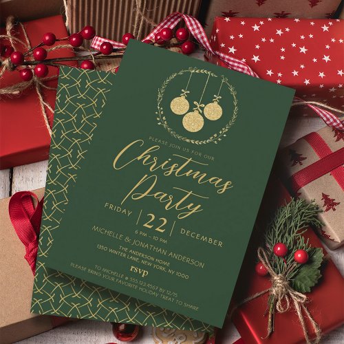 Elegant Green Gold Glitter Wreath Christmas Party Invitation