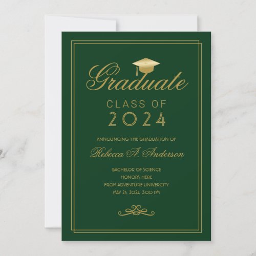 Elegant Green Gold Grad Cap College Graduation Announcement