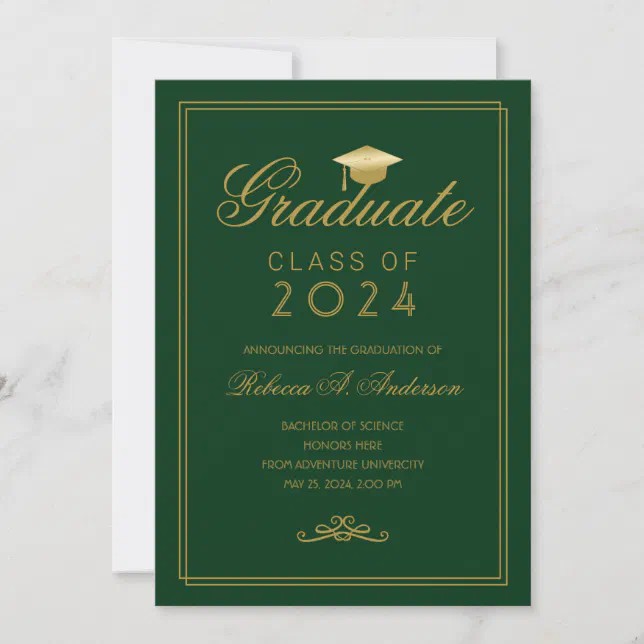 Elegant Green Gold Grad Cap College Graduation Announcement | Zazzle