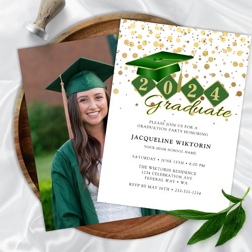 Elegant Green Gold Graduation Photo Party Invitation