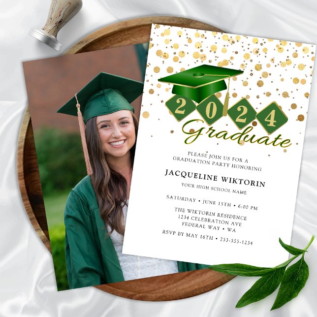 Elegant Green Gold Graduation Photo Party Invitation (Classic Green Gold Graduation Photo Party Invitation)