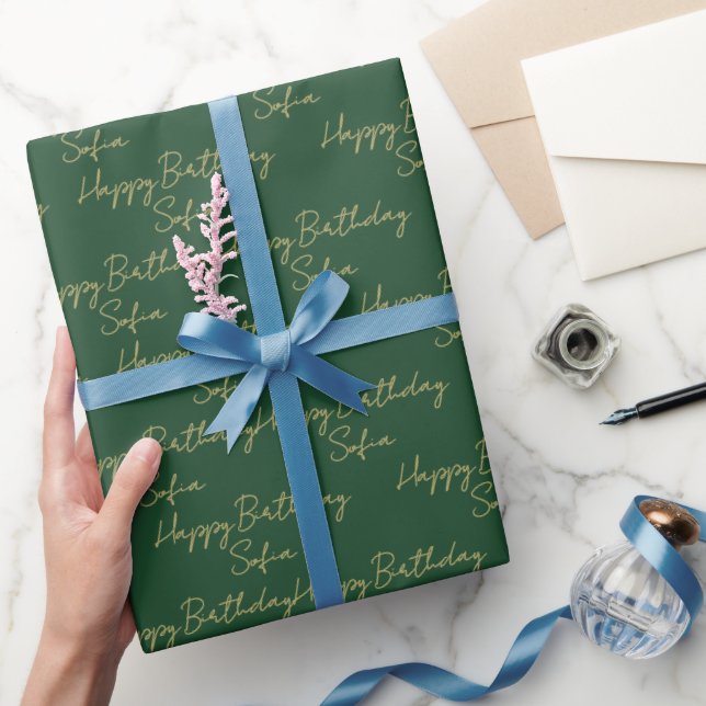 Elegant Green Gold Happy Birthday PersonalizedGift Wrapping Paper (Gifting)