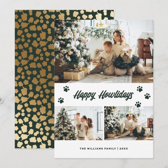 Elegant Green Gold Happy Howlidays Photo Holiday Card (Front/Back)