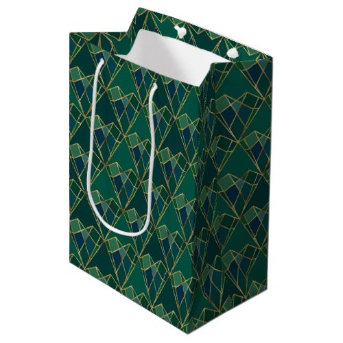 Elegant Green Gold Heart Geometric Art Deco Medium Gift Bag