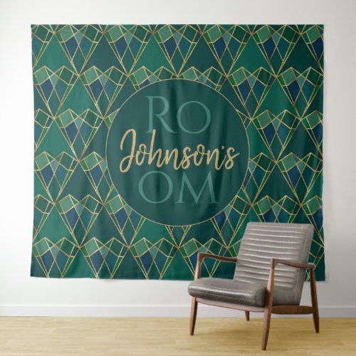 Elegant Green Gold Heart Geometric Art Deco Tapestry