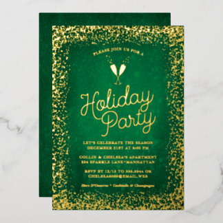 Elegant Green & Gold Holiday Party Foil Invitation
