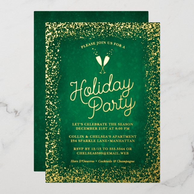 Elegant Green & Gold Holiday Party Foil Invitation (Front/Back)