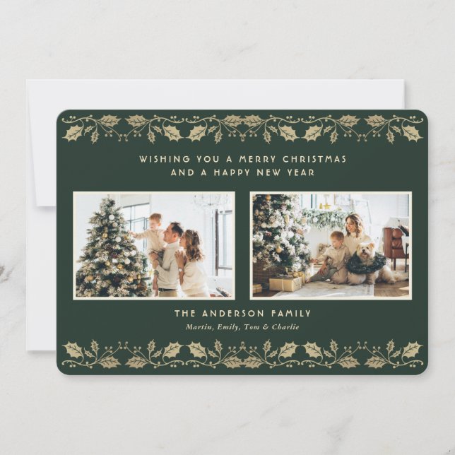 Elegant Green Gold Holly Berries Photo Holiday Card (Front)