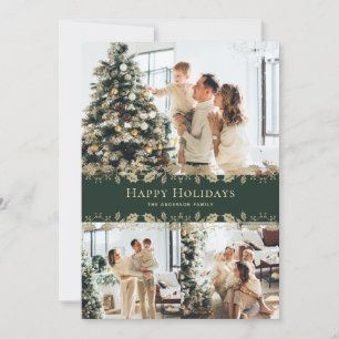 Elegant Green Gold Holly Photo Happy Holidays Holiday Card