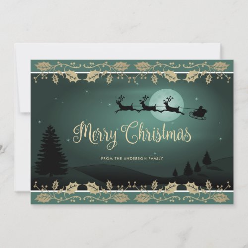 Elegant Green Gold Holly Santa Merry Christmas Holiday Card