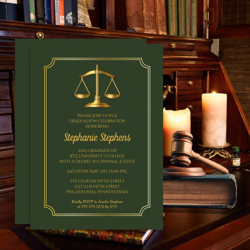 Elegant Green  Gold Law Attorney Graduation Party Invitation