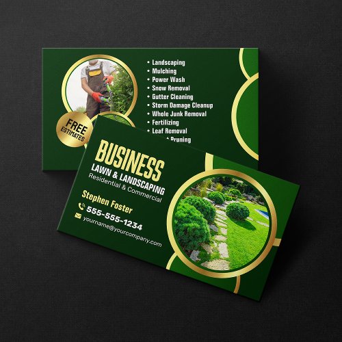 Elegant Green Gold Lawncare Landscaping Service Business Card