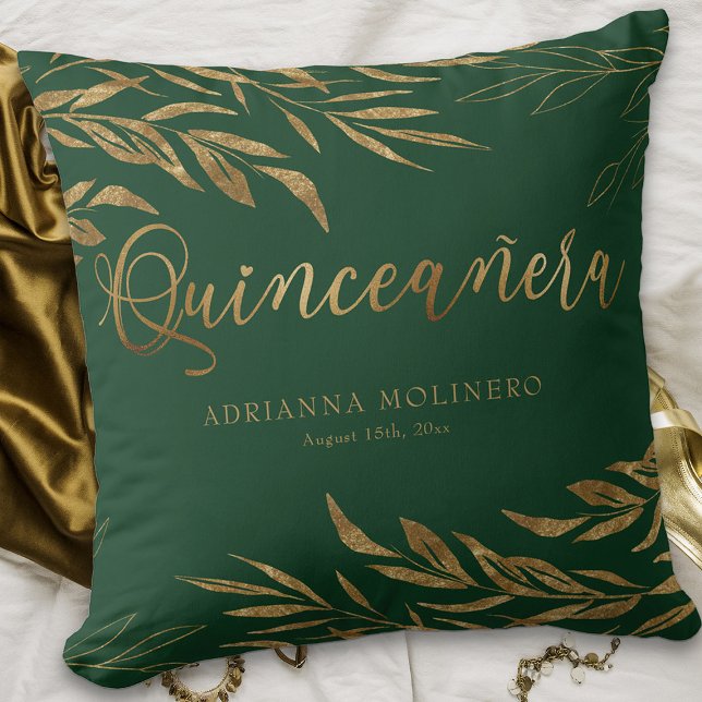 Elegant Green Gold Leaf Personalized Quinceanera Throw Pillow (Personalized Emerald Green Quinceanera keepsake pillow from my Gold Leaf Quincea)
