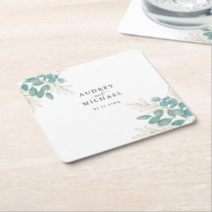 Elegant Green Gold Leaf Personalized Wedding Square Paper Coaster