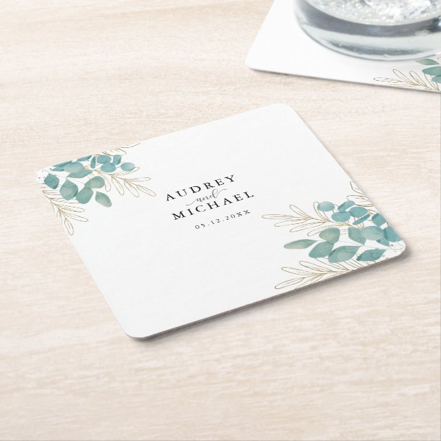 Elegant Green Gold Leaf Personalized Wedding Square Paper Coaster (Angled)