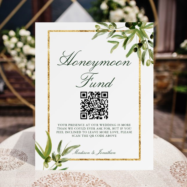 Elegant Green Gold Leaf Wedding Honeymoon Fund Foam Board (Creator Uploaded)