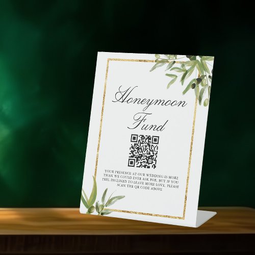 Elegant Green Gold Leaf Wedding Honeymoon Fund Pedestal Sign